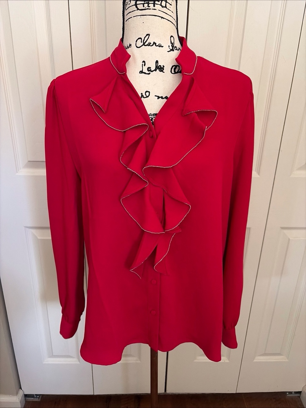 NWT ~ Chico's ~ Women's ~ Red Ruffle Blouse ~ Long Sleeve ~ Size 1.5 (10)